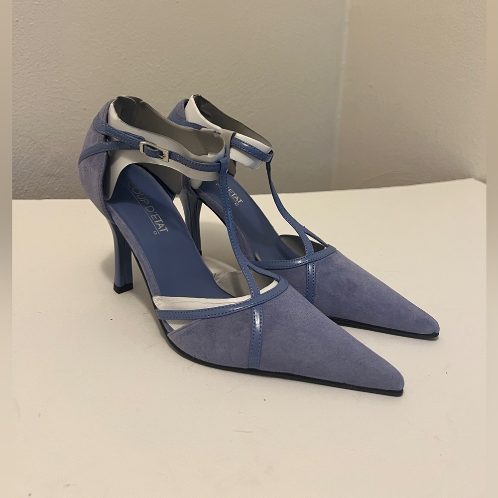 Coup d’État Periwinkle Faux Suede Heels Size 7.5 3.5” Heel, Leather Trim